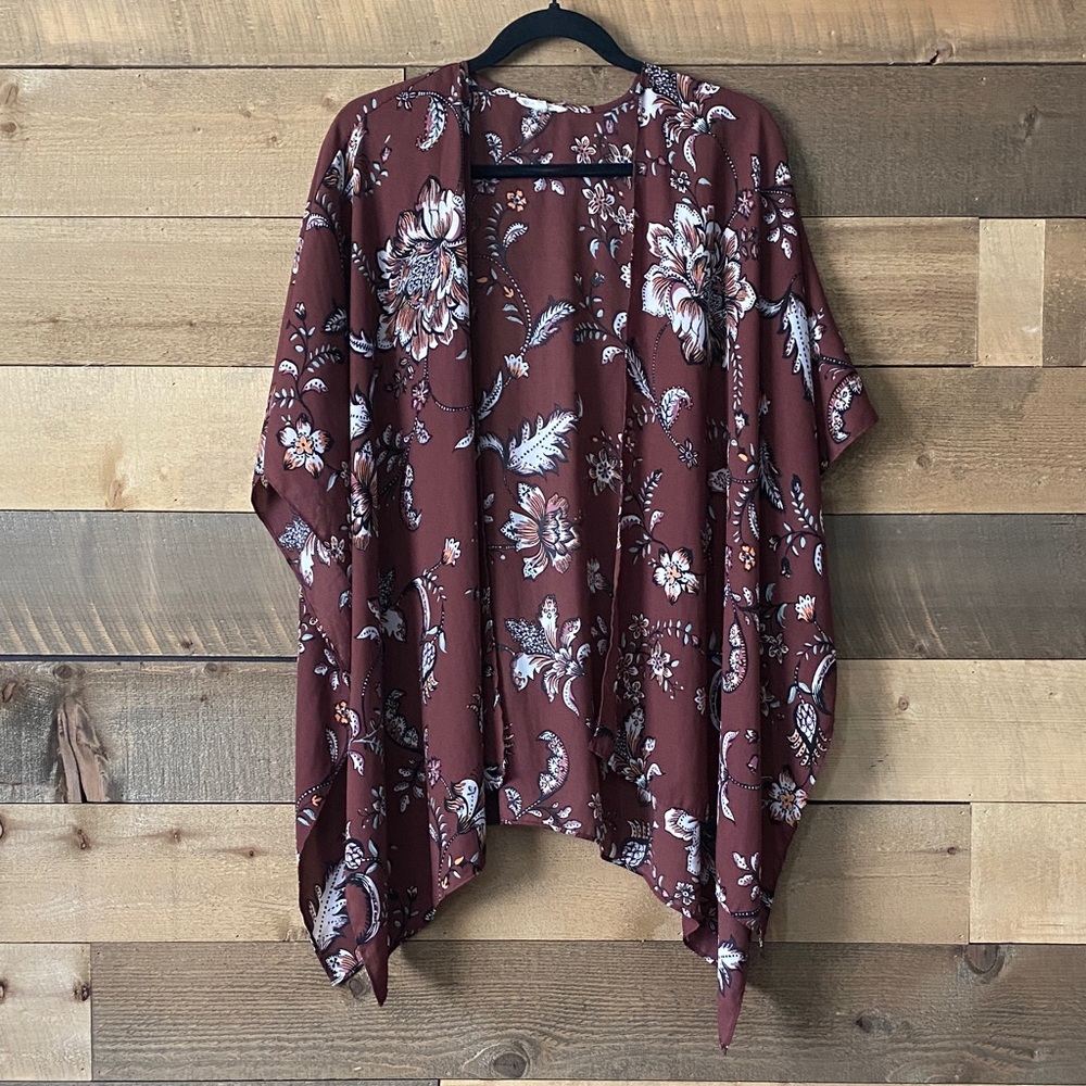 Maurices Floral Kimono Top in Burgundy and White